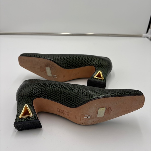 Vintage Timothy Hitsman Snakeskin Green Leather Gold Heel Square Toe Size 7.5 N - Picture 7 of 7